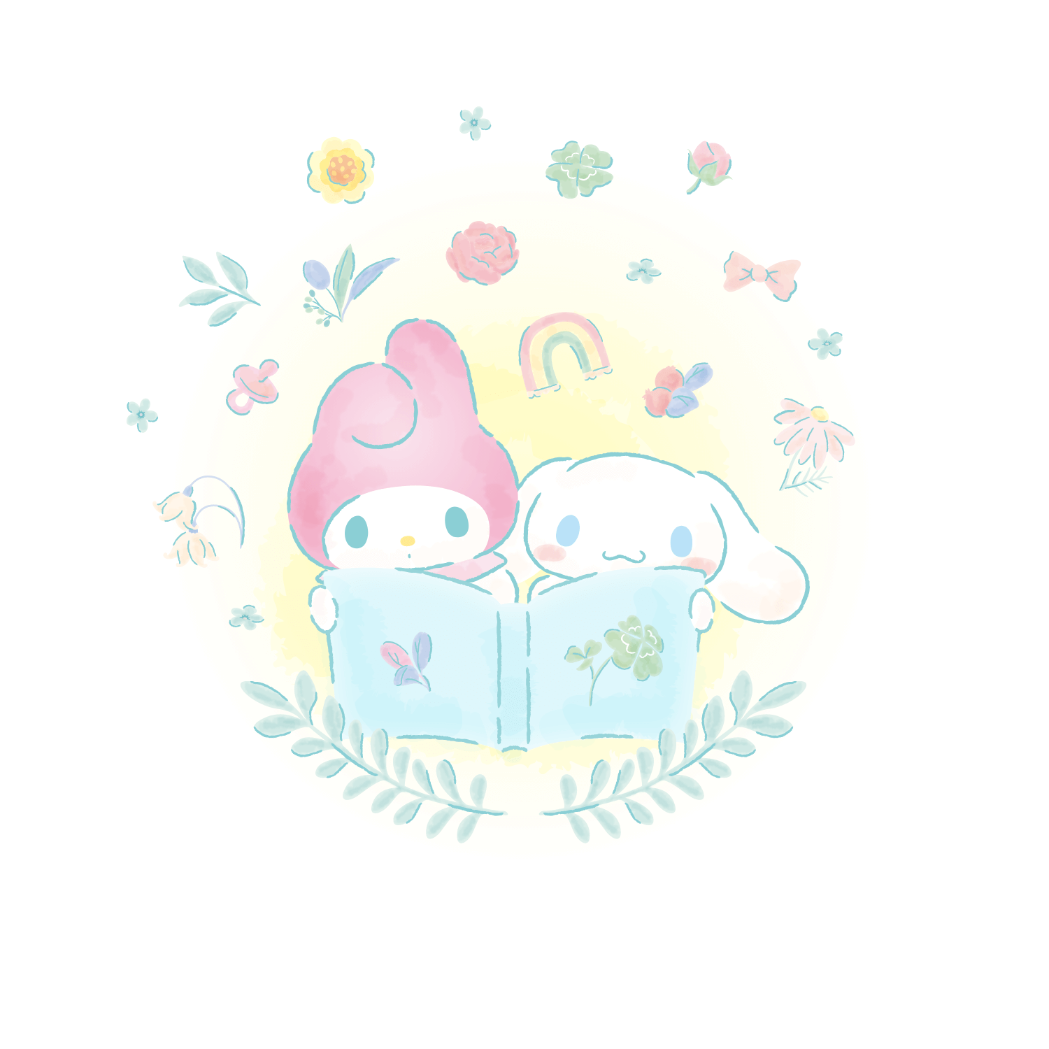 マイメロディとシナモロール(シナモン)がえほんを読んでるイラスト